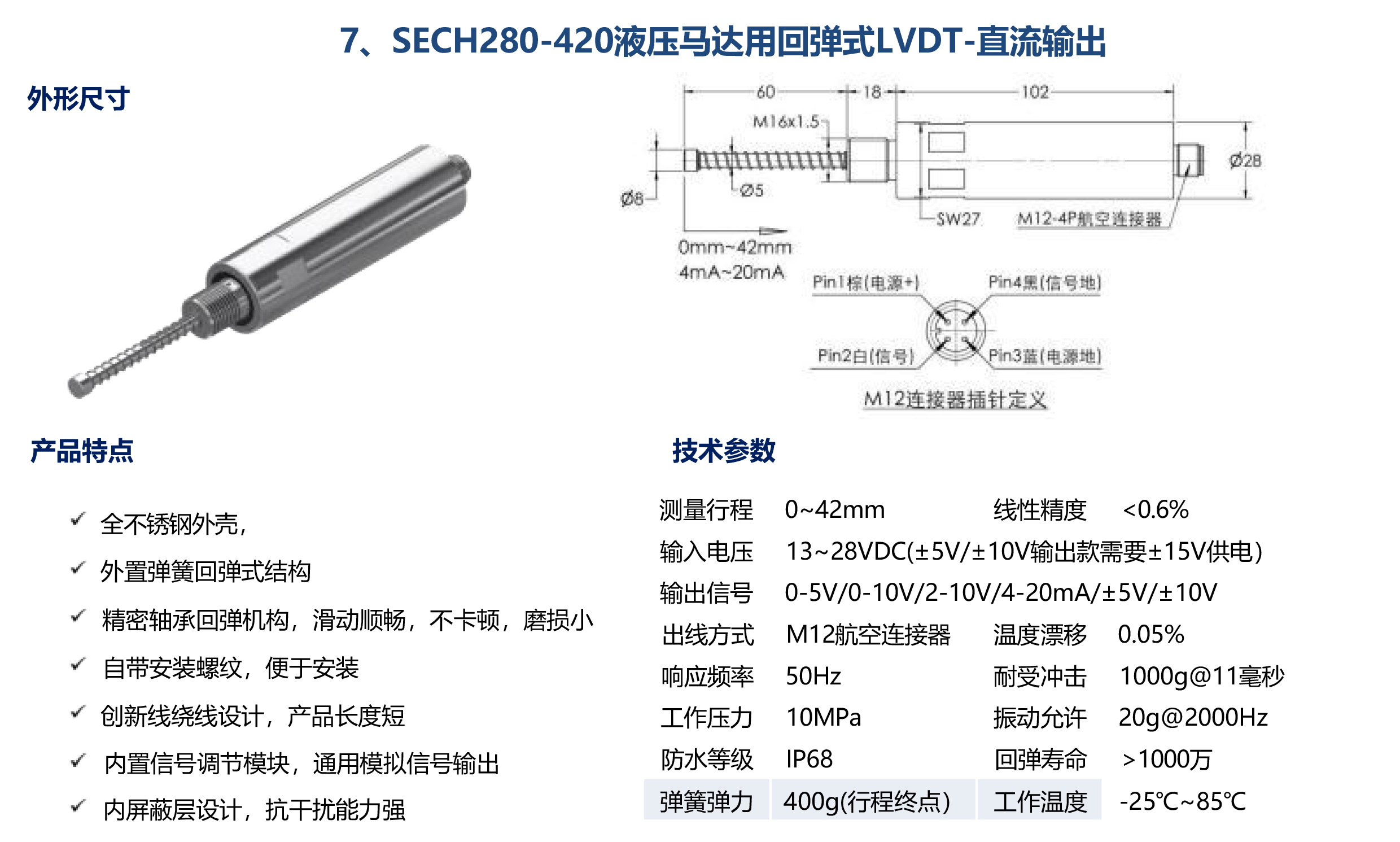 SECH280-420液壓馬達用回彈式LVDT-直流輸出